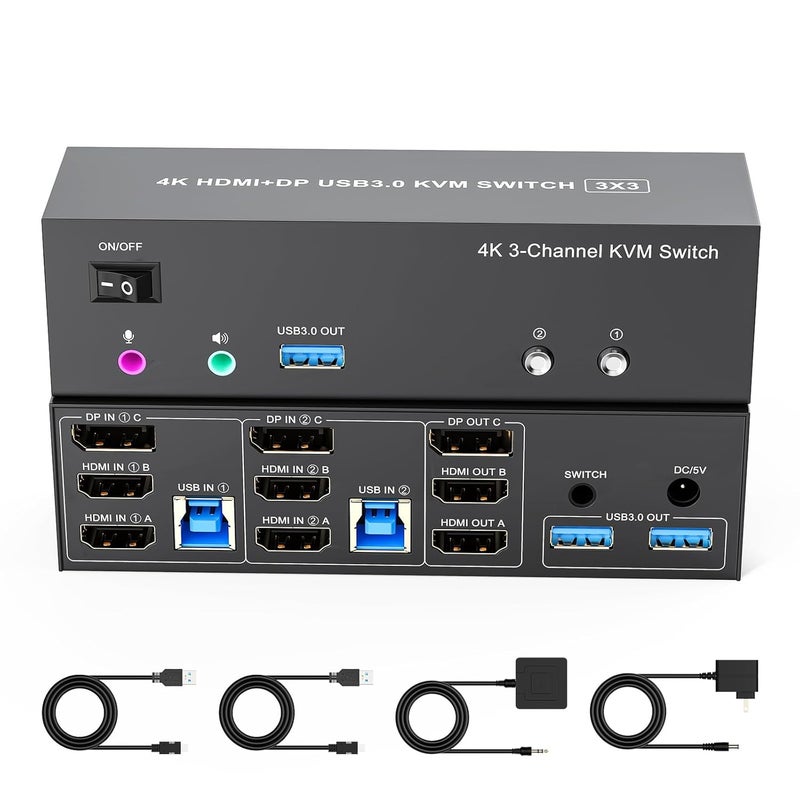 TaiLaiEra 4K KVM Switch 3 Monitors 2 Computers Triple Monitor Displayport and 2 HDMI USB 3.0 KVM Switches 4K@60Hz,Support Extended/Mirror Mode Share 3 USB 3.0 Ports with Desktop Controller, Adapter Included - Image 1